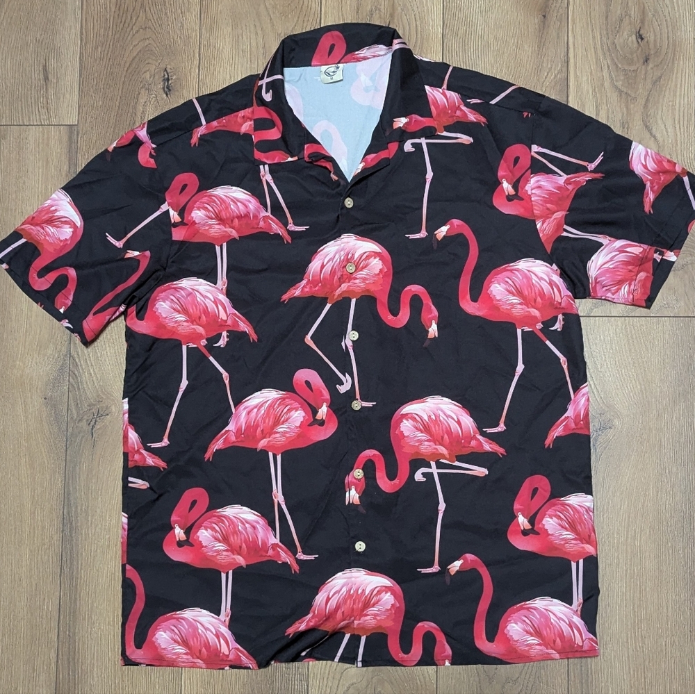 Flamingo Hawaiian Men's Size Medium Black Pink Flamingos Aloha Polyester Shirt